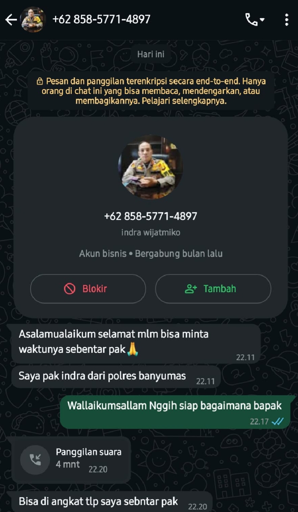 Waspada! Penipuan Mengatasnamakan Polisi Polresta Banyumas Beredar di WhatsApp