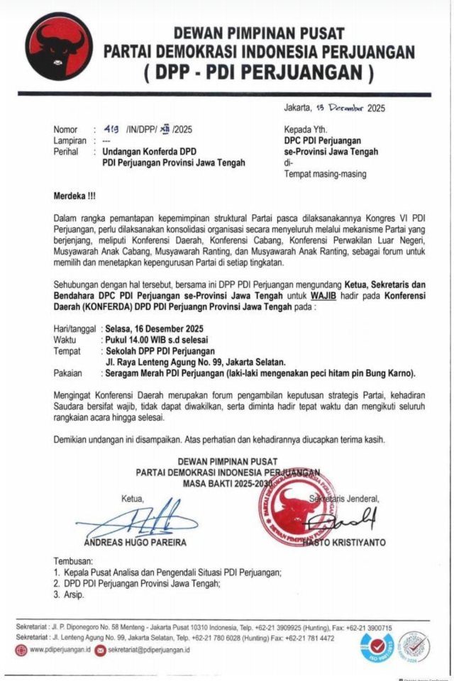 DPP PDI Perjuangan Resmi Tunda Konferda Jawa Tengah di Jakarta