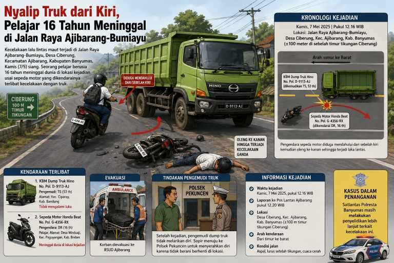 Pelajar 16 Tahun Meregang Nyawa usai Motor Oleng Saat Salip Truk di Ciberung