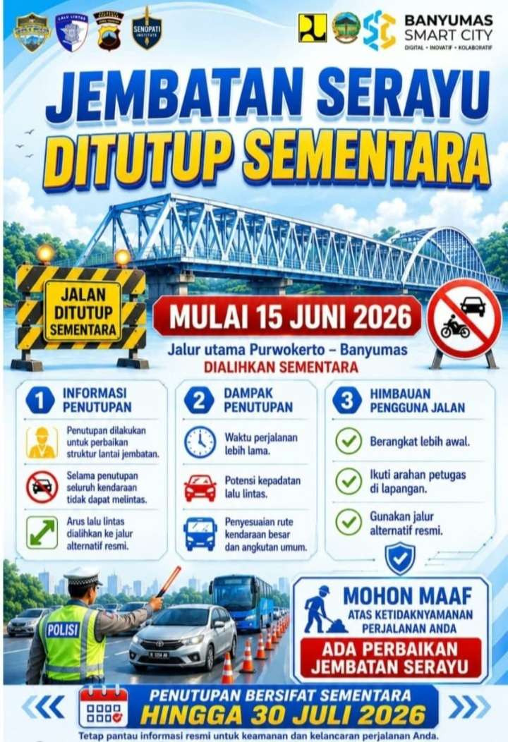 Mulai Hari Ini, Jembatan Serayu Banyumas Ditutup Total 45 Hari, Simak Rute Alternatifnya