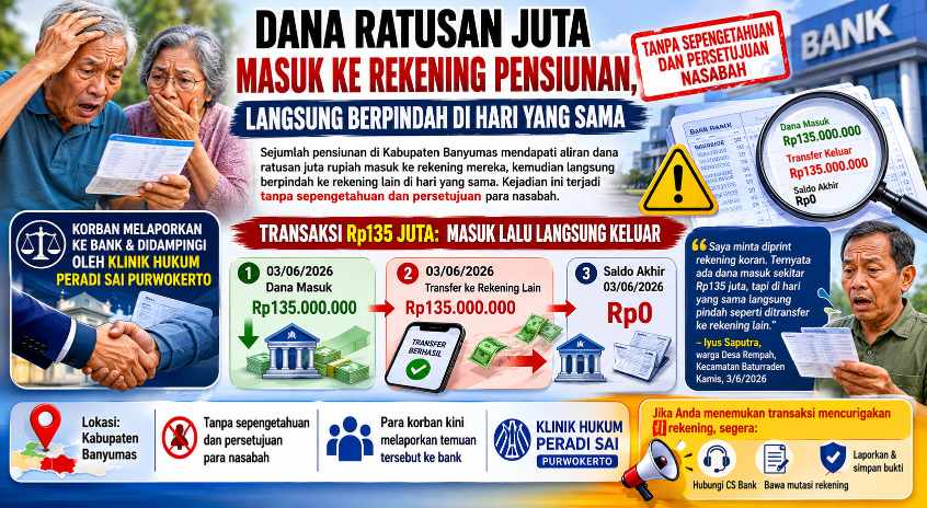Tak Pernah Ajukan Pinjaman, Rekening Pensiunan di Banyumas Tiba-tiba Dialiri Ratusan Juta Rupiah