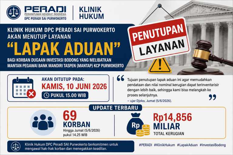 Posko Aduan di Klinik Peradi SAI Purwokerto Ditutup 10 Juni, Kerugian Korban Investasi Bodong Mandiri Taspen Capai Rp14,8 Miliar