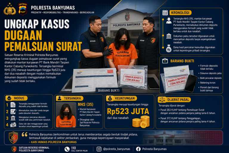 Polresta Banyumas Ungkap Kasus Pemalsuan Dokumen Bank oleh Mantan Karyawan Mandiri Taspen