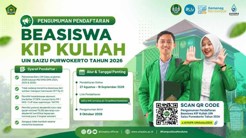 UIN Saizu Buka Pendaftaran KIP Kuliah 2026, Kuota 315 Kursi bagi Mahasiswa Baru