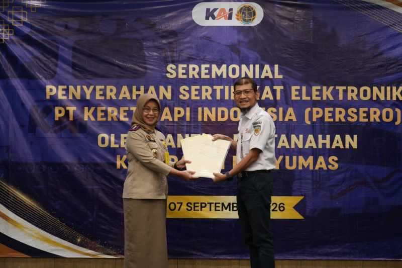 Perkuat Legalitas Aset, KAI Daop 5 Purwokerto Terima 46 Sertifikat Elektronik dari BPN Banyumas