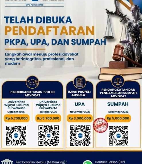 DPC PERADI SAI Purwokerto Buka Pendaftaran PKPA, UPA, dan Sumpah Advokat 2026
