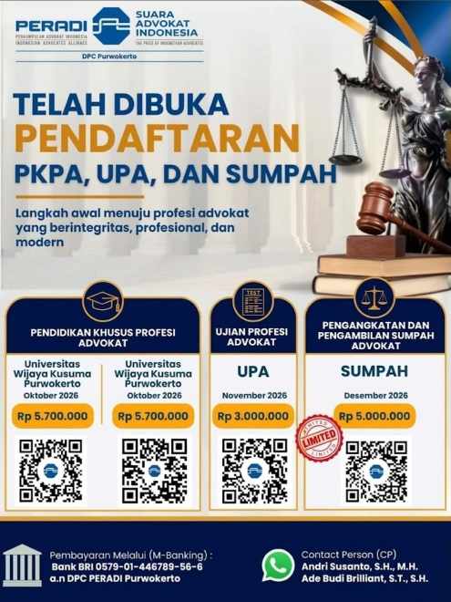 DPC PERADI SAI Purwokerto Buka Pendaftaran PKPA, UPA, dan Sumpah Advokat 2026